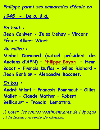 Zone de Texte: Philippe parmi ses camarades dcole en 1945  -  De g.  d.En haut : Jean Canivet - Jules Dehay  Vincent Pru  Albert Wiart. Au milieu : Michel Dormard (actuel prsident des Anciens dAFN)  Philippe Boyon   Henri Bacot  Francis Duflos  Gilles Richard  Jean Barbier  Alexandre Bacquet. En bas : Andr Wiart  Franois Fourmaut  Gilles Mallet  Claude Mathon  Robert Bellicourt  Francis  Lemettre. A noter, les tenues vestimentaires de lpoque et la tenue correcte de chacun.           
